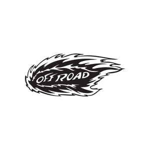 Flaming off-road text decal, black winged lettering