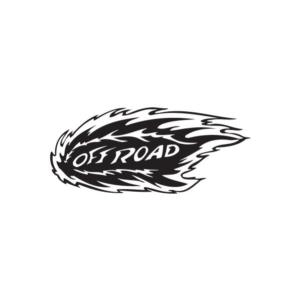 Flaming off-road text decal, black winged lettering