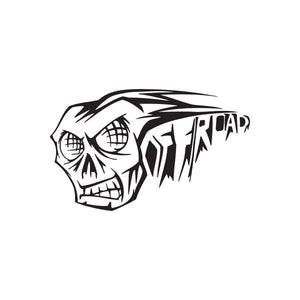 Skull fly decal with black graphic and dripping off-road text