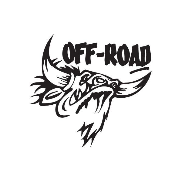 Off Road grunting bull decal with wings, black graphic lettering