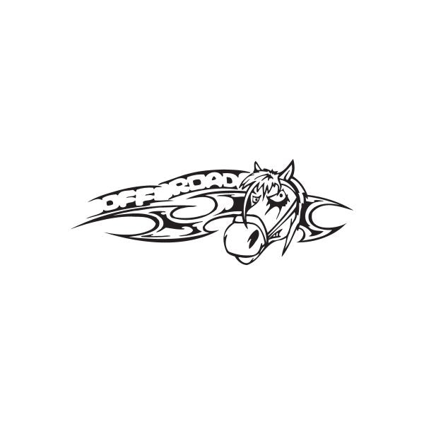 Off road horse head vinyl decal with arched lettering and flame-style graphics