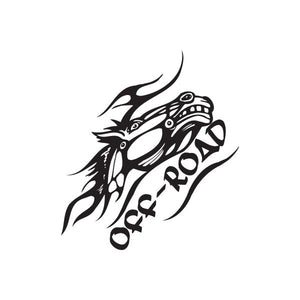 Black off-road horse head decal with tribal flame graphic and partial OFF ROAD text