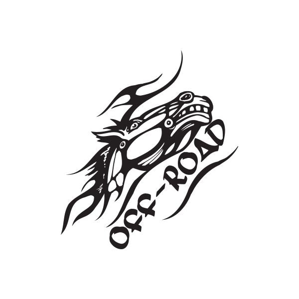 Black off-road horse head decal with tribal flame graphic and partial OFF ROAD text