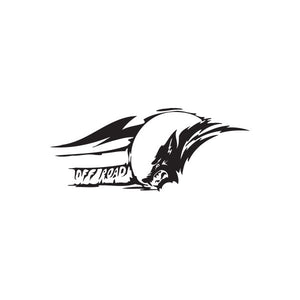 Howling wolf off-road vinyl decal, black and white stylized wolf head with motion lines