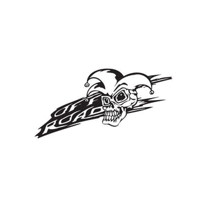 Skull and jester face motocross decal with bold black outlines