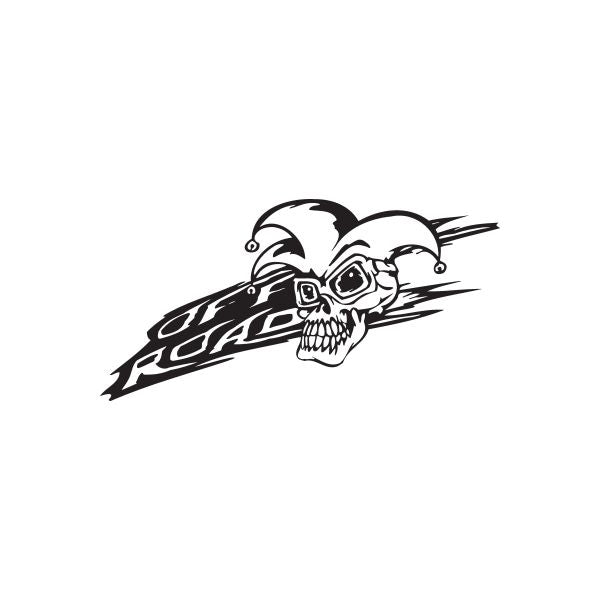 Skull and jester face motocross decal with bold black outlines