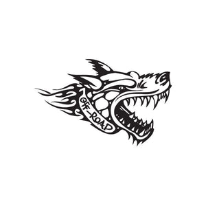 Black mean dog head decal with stylized flames and curved jaw graphic