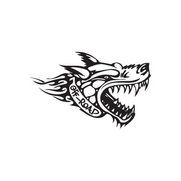 Black mean dog head decal with stylized flames and curved jaw graphic