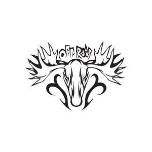 Moose head off-road decal with dark antlers and flame-style border