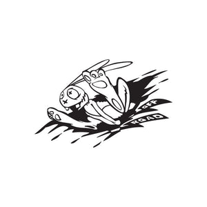 Off road rabbit decal, black and white cartoon rabbit jumping with tire tracks