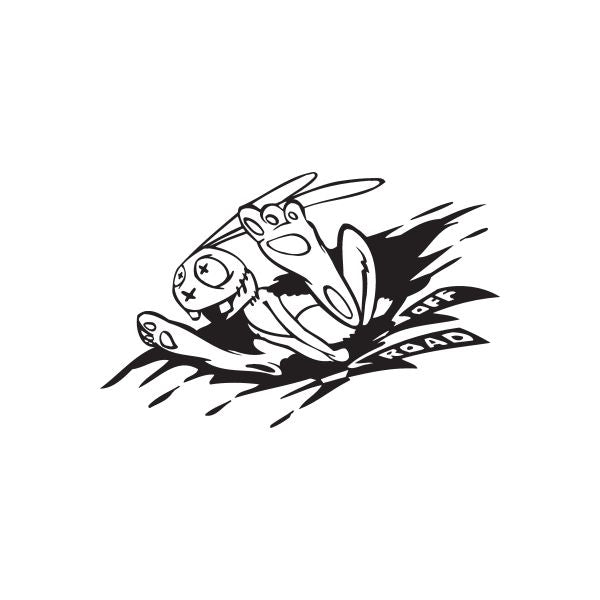 Off road rabbit decal, black and white cartoon rabbit jumping with tire tracks