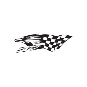 Off-road racing eagle decal with black-and-white checkered flag graphic and text