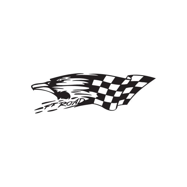 Off-road racing eagle decal with black-and-white checkered flag graphic and text
