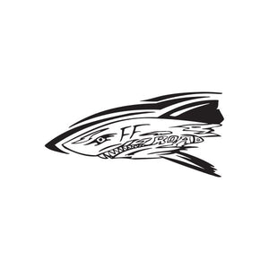 Off-road shark decal, black and white stylized shark head with bold stripes and text