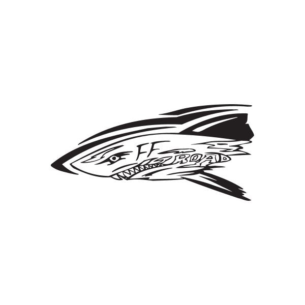 Off-road shark decal, black and white stylized shark head with bold stripes and text