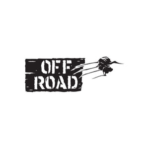 Off-road sign decal, black rectangle with white "OFF ROAD" and bull head icon.
