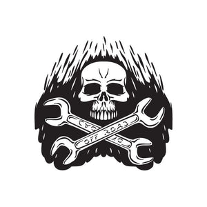 Skull and crossed tools decal with flames, black and white