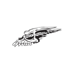 Off-road skull decal with goggles and flames, black-and-white winged design