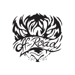 Tiger decal with off-road script and roaring face, black and white