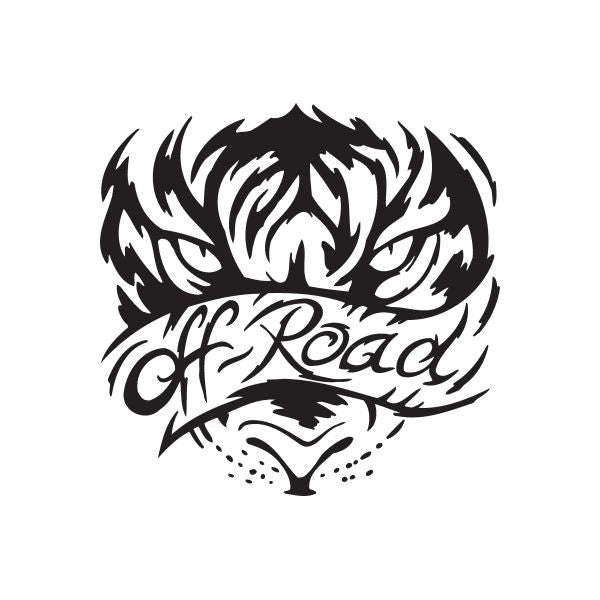 Tiger decal with off-road script and roaring face, black and white