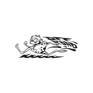 Cartoon toad off-road decal with flame-style black-and-white graphic