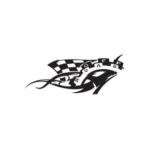 Racing flag tribal decal with black and white checkered design and banner text