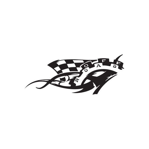 Racing flag tribal decal with black and white checkered design and banner text
