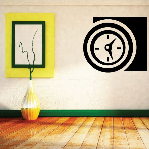 Black clock face wall decal with circular hands and arrows