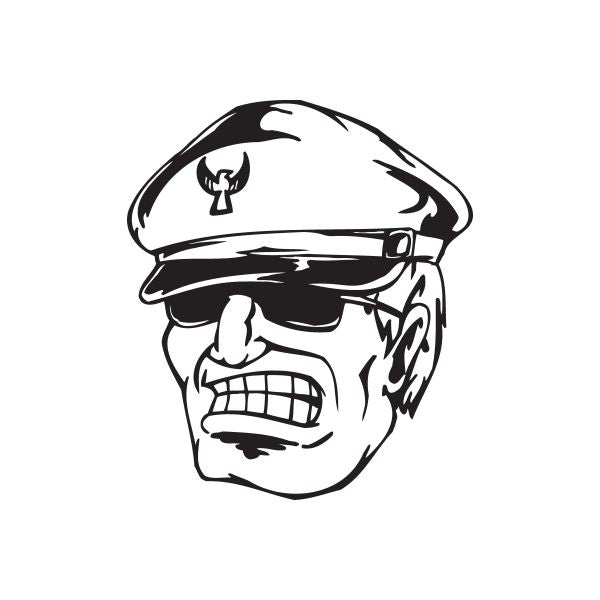 Officer face decal, black-and-white illustrated cap and stern expression