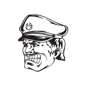 Officer face decal with mustache and peaked cap, black-and-white outline