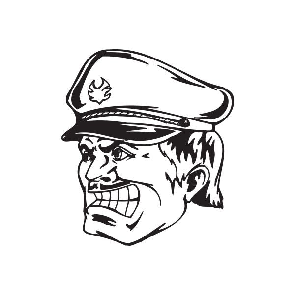 Officer face decal with mustache and peaked cap, black-and-white outline