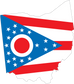 Ohio-shaped state flag sticker with blue field, stars, and red-white stripes