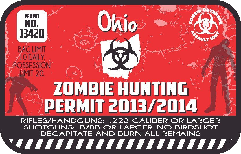 Red zombie hunting permit sticker with Ohio title, biohazard icon, permit number 13420.