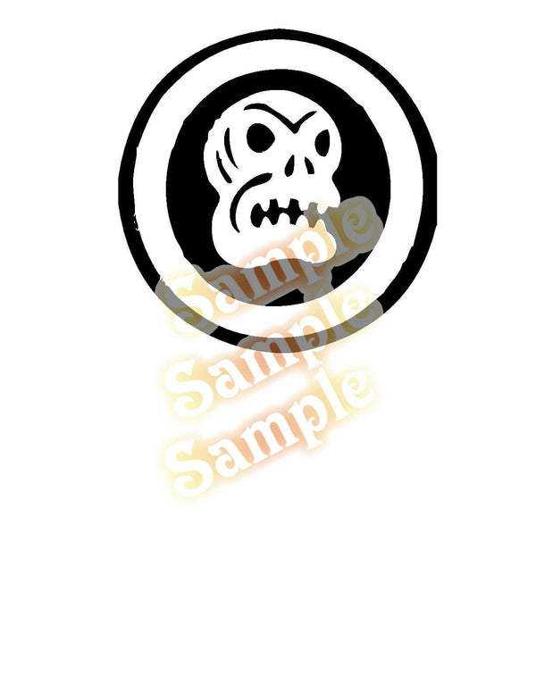 Skull decal with circular black outline and grinning white skull, gray and orange accents