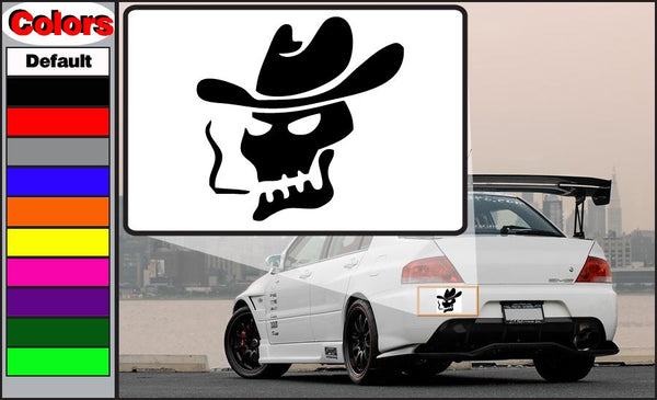 Skull decal with cowboy hat, black on white backing