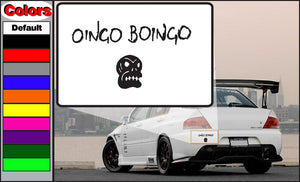 Skull text decal with black Oingo Boingo lettering and skull icon on white background