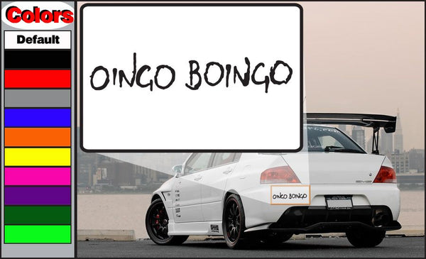 Oingo Boingo text decal with bold black lettering on white backing