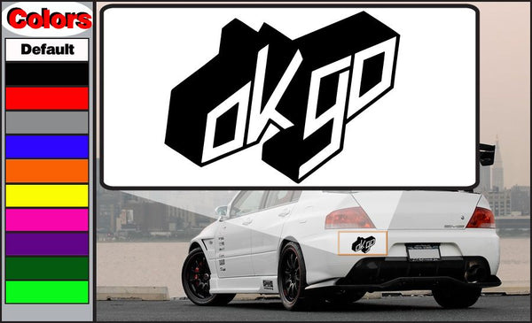Black custom decal with white OKGo-style lettering on rectangular backing