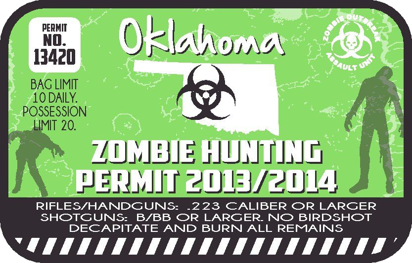 Green zombie hunting permit sticker with Oklahoma text, permit number and biohazard symbol