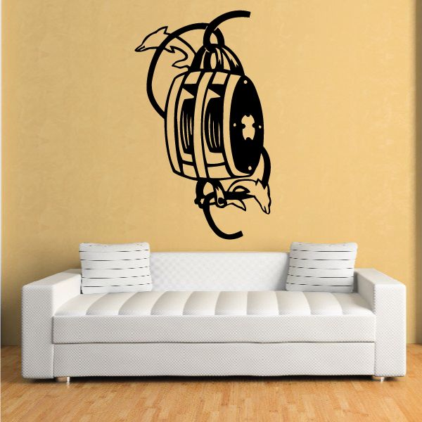 Fishing reel wall decal, black outline of vintage reel with hook and line