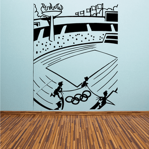 Olympic Games opening decal with stadium skyline, Olympic rings, and runner silhouettes