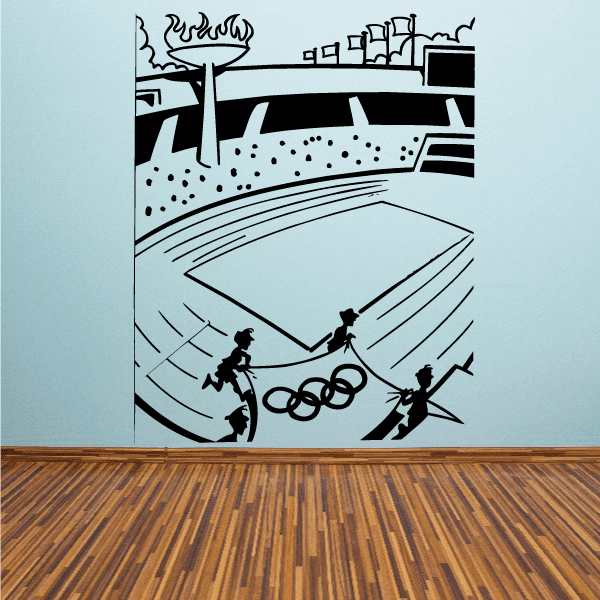 Olympic Games opening decal with stadium skyline, Olympic rings, and runner silhouettes