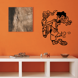 Cartoon runner wall decal with torch and running figure, black and tan outline