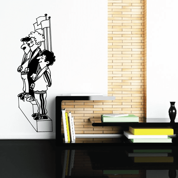 Black-and-white vinyl wall decal with cartoon athlete holding flag and podium
