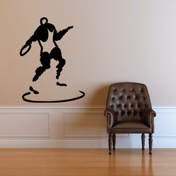 Black silhouette frisbee throw decal featuring athlete leaping mid-throw