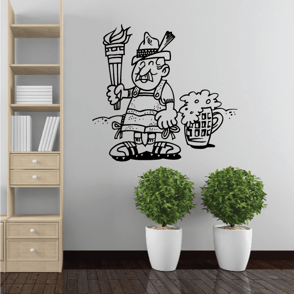German holding torch wall decal, black cartoon line art
