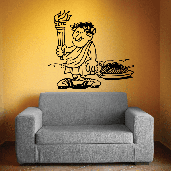 Greek character holding torch wall decal, cartoon boy with laurel