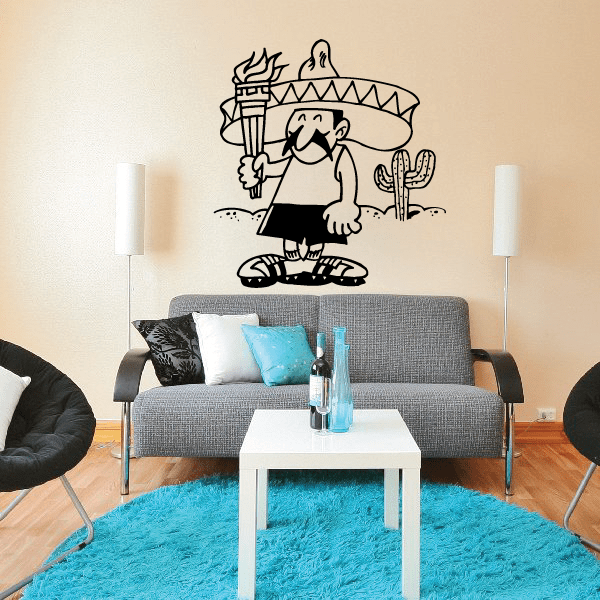 Torch-holding character wall decal with sombrero and cactus, black line art