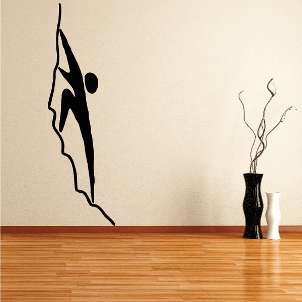Rock climber wall decal, black silhouette with rope