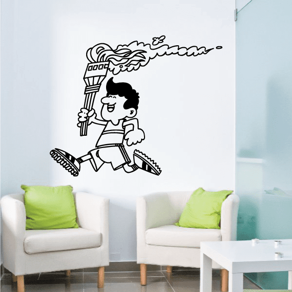 Runner with torch wall decal, black and white outline illustration